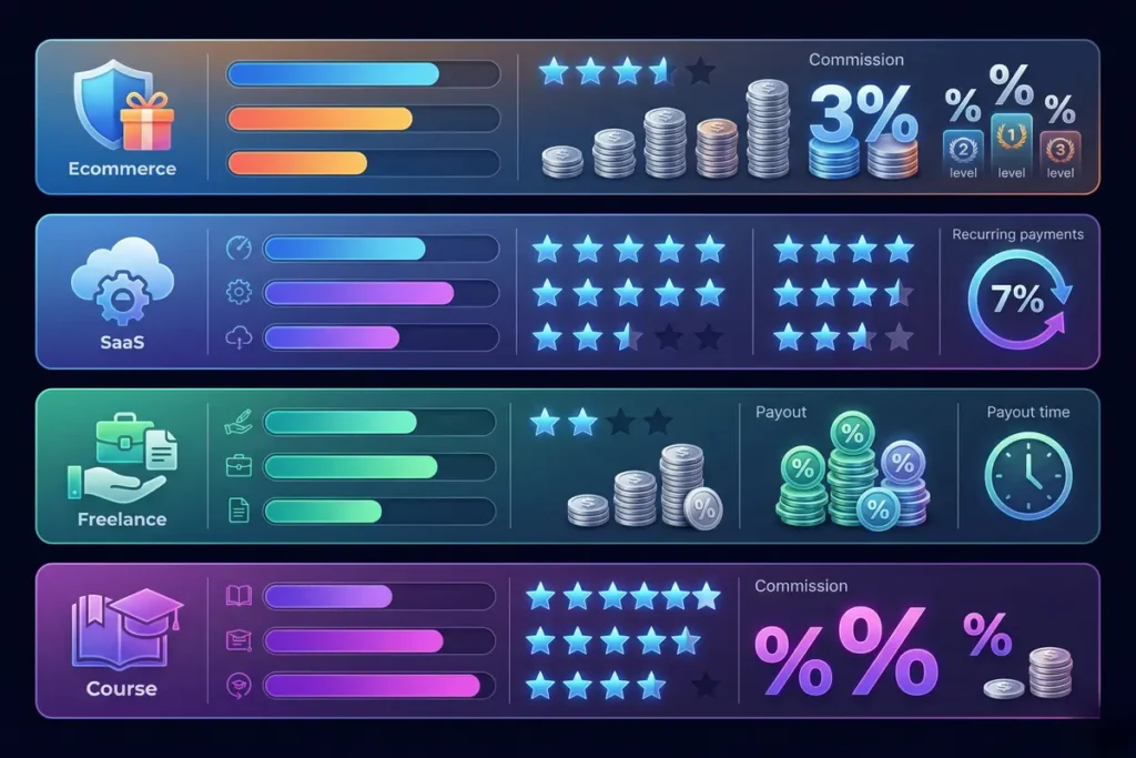 Compare top affiliate programs visual dashboard showing commission and features