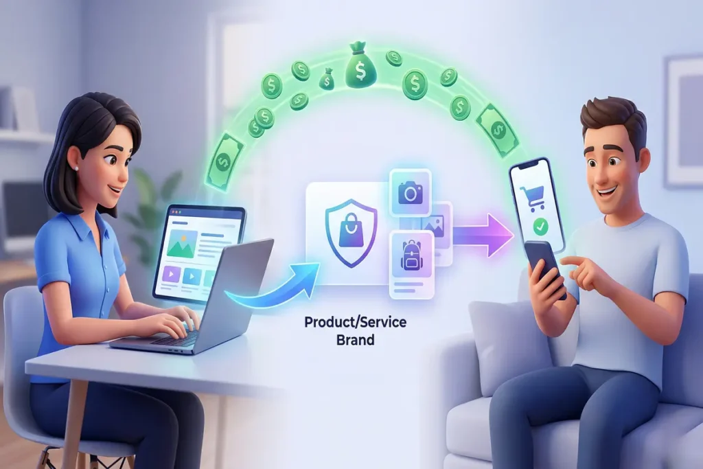 Understand affiliate marketing process showing creator promoting product and earning commission