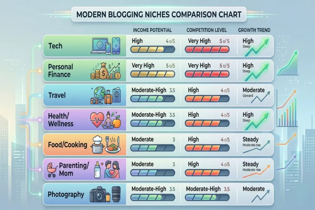 Compare profitable blogging niches income and competition