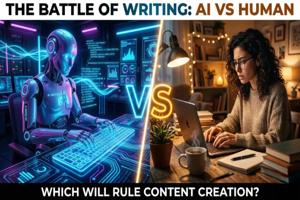 Compare AI vs human writing with dramatic split visual
